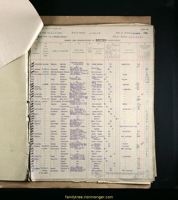 Record of arrival in London from Fremantle on the ship Baradine in 1930