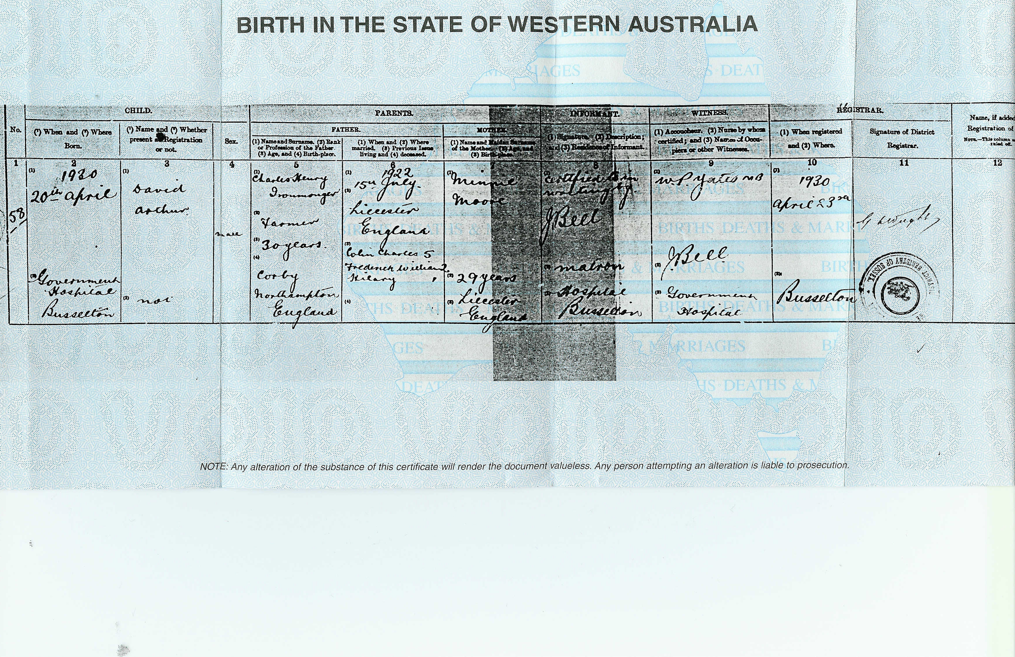David Arthur Ironmonger Birth Certificate