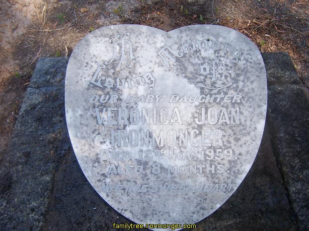 Veronica Joan Ironmonger. Headstone on grave at Margaret River Cemetery, Western Australia. Buried 1959