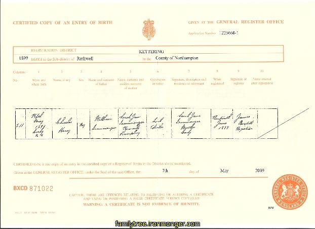 Birth Certificate Charles Henry Ironmonger May 5 1899
