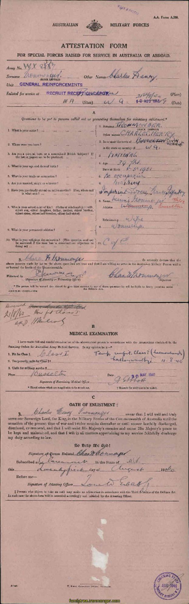 Charles Henry Ironmonger Australian Army Attestation Form 1940