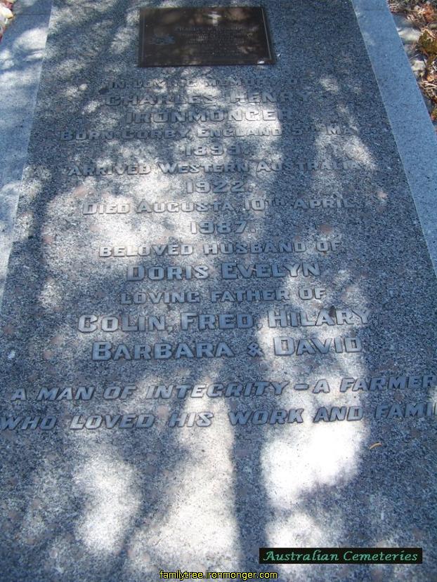 Headstone for Charles Henry Ironmonger 1987 Karridale Cemetery
