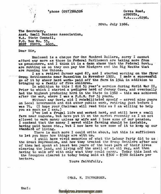 Charles Henry Ironmonger Letter to Small Business Association 1986