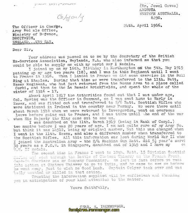 Charles Henry Ironmonger Letter to obtain WWI Medals 1986