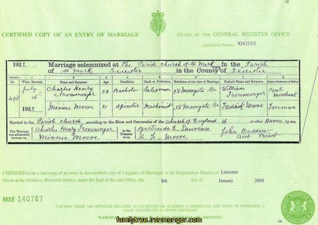 Charles Henry Ironmonger and Minnie Moore Marriage Certificate 1922
