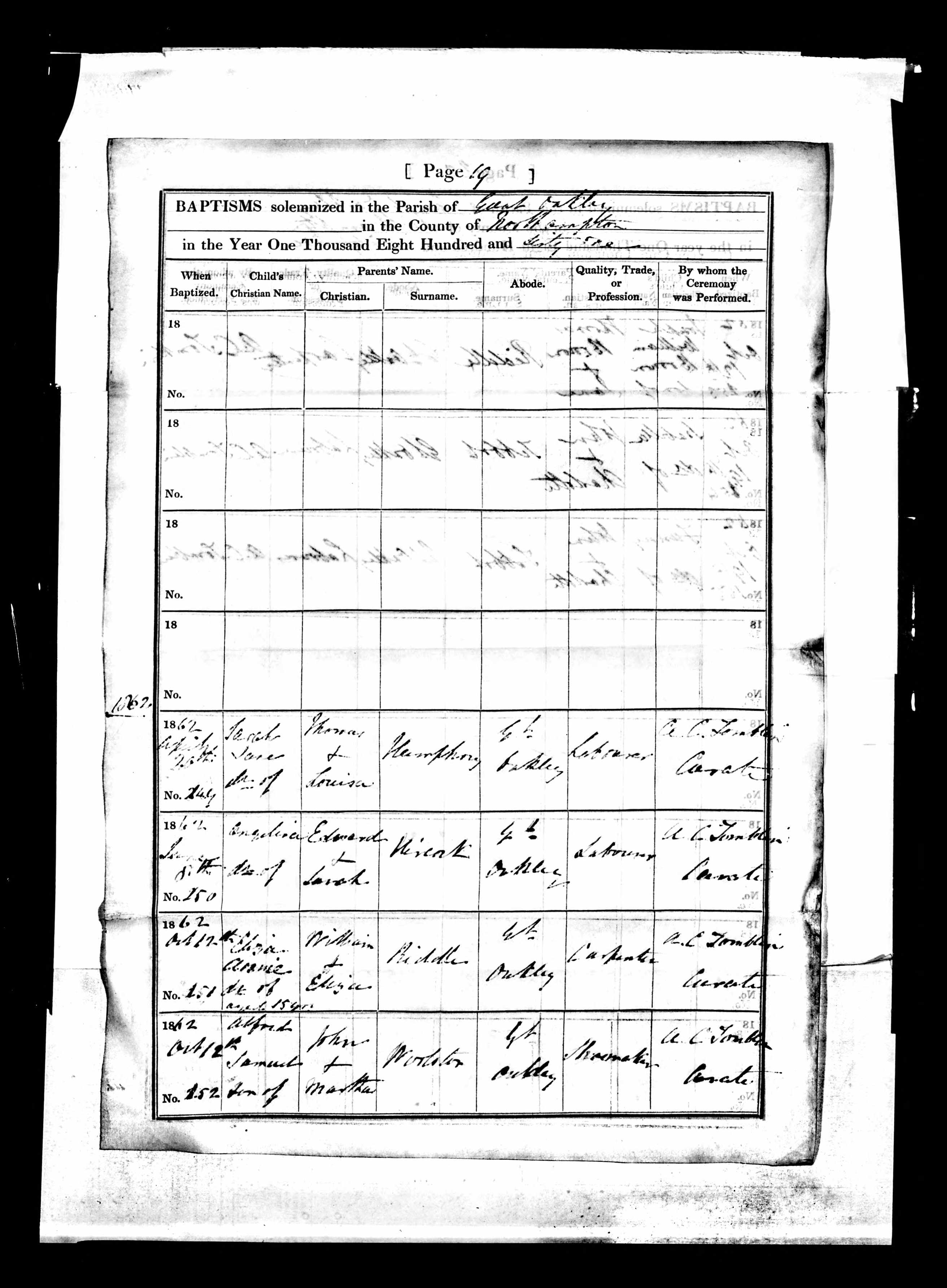 Baptism record from Bishops Transcripts for Sarah Jane Humphrey