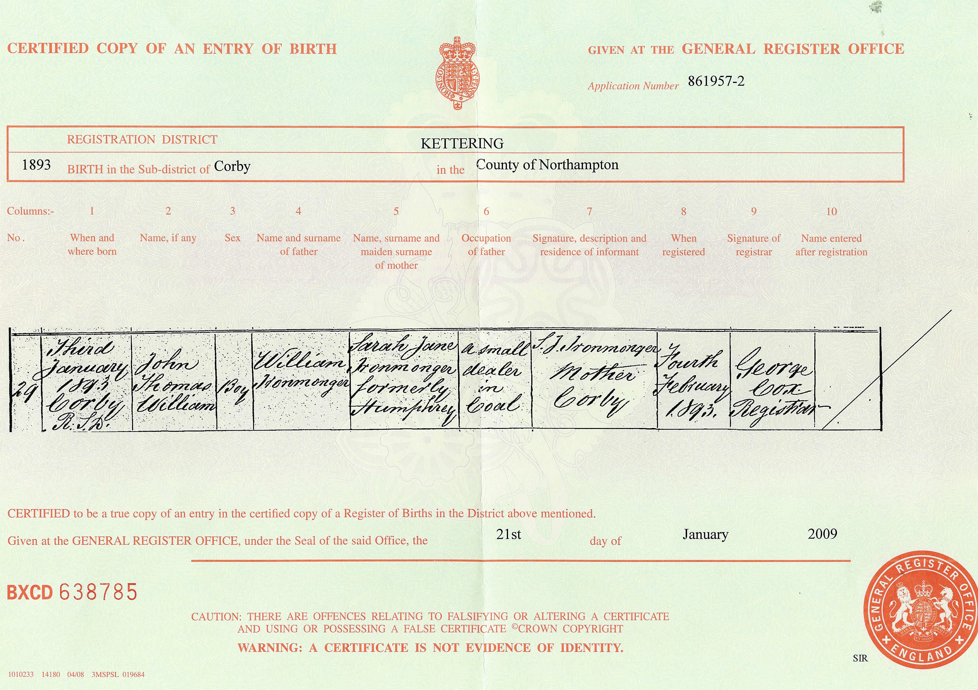 John Thomas William Ironmonger Birth Certificate 1893