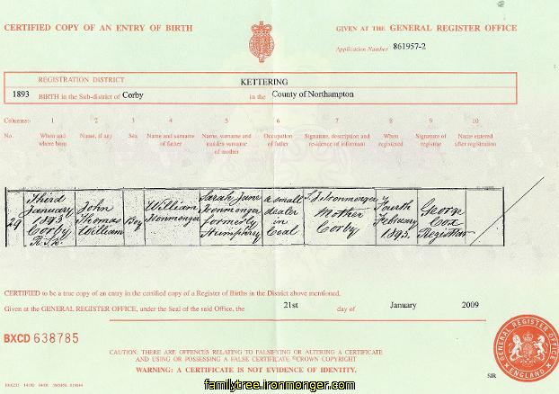 John Thomas William Ironmonger Birth Certificate 1893
