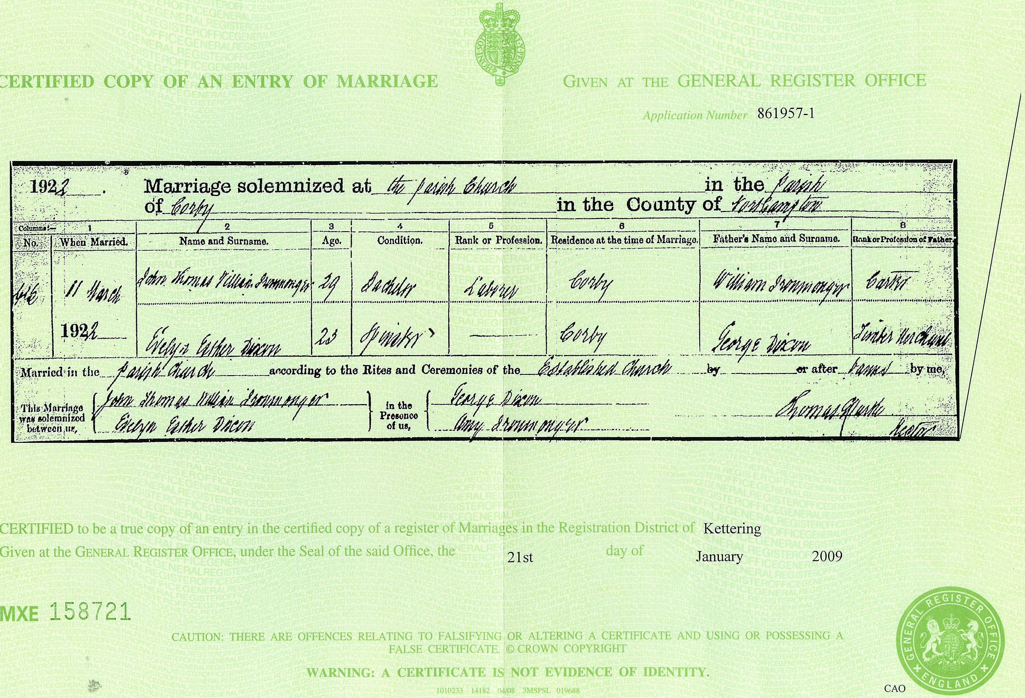 Marriage Certificate for John Thomas Ironmonger and Evlyn Esther Dixon 1922