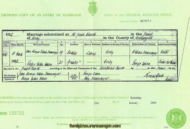 Marriage Certificate for John Thomas Ironmonger and Evlyn Esther Dixon 1922