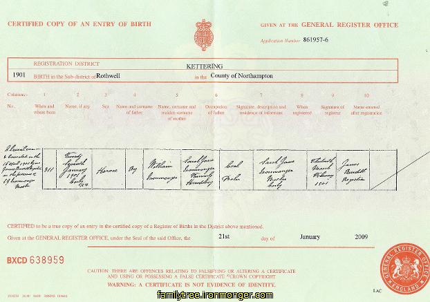 Horace Ironmonger Birth Certificate 1901