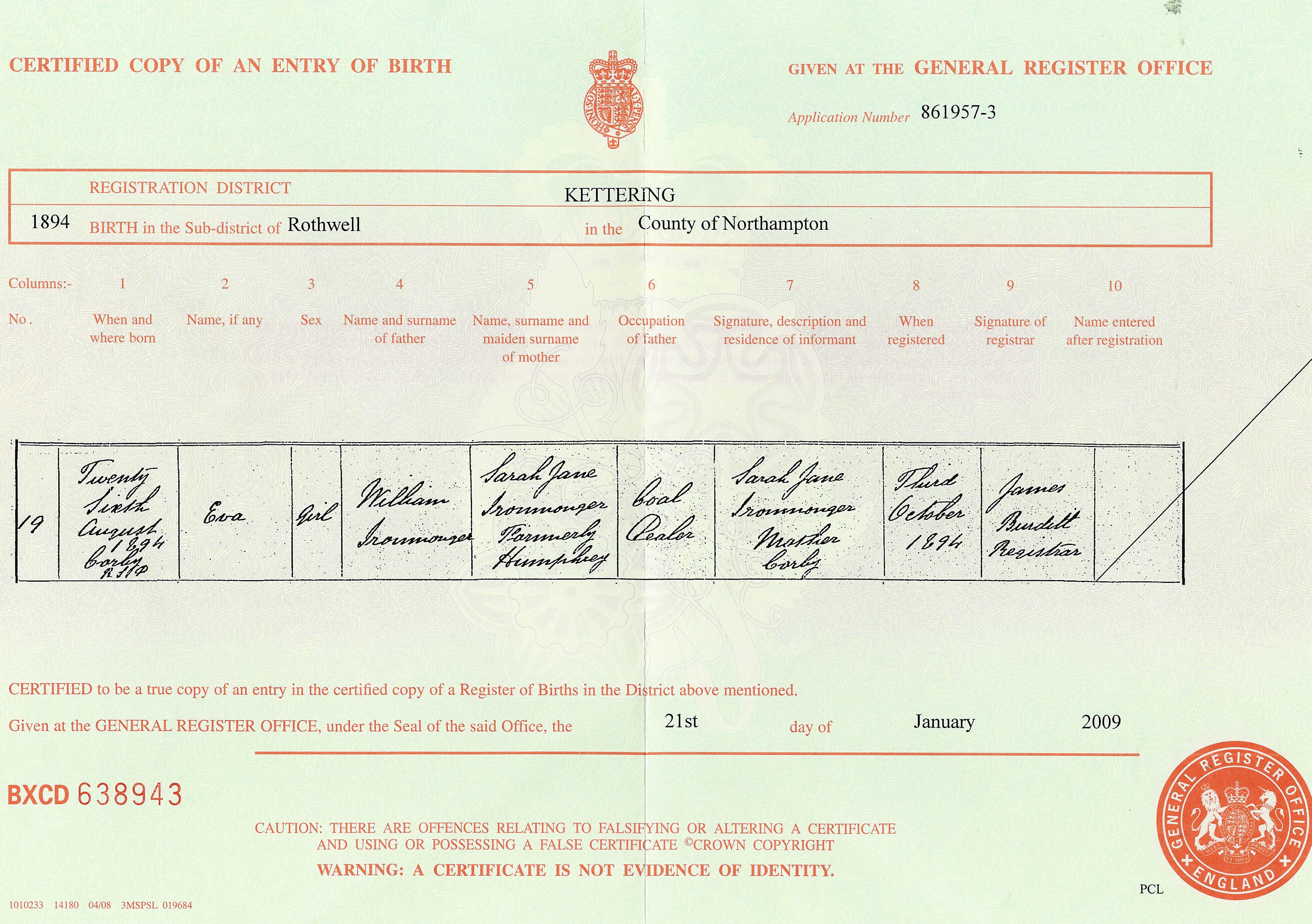 Eva Ironmonger Birth Certificate 1894