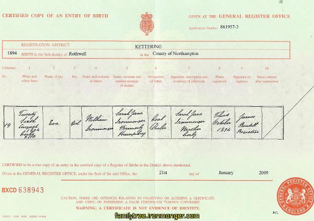 Eva Ironmonger Birth Certificate 1894