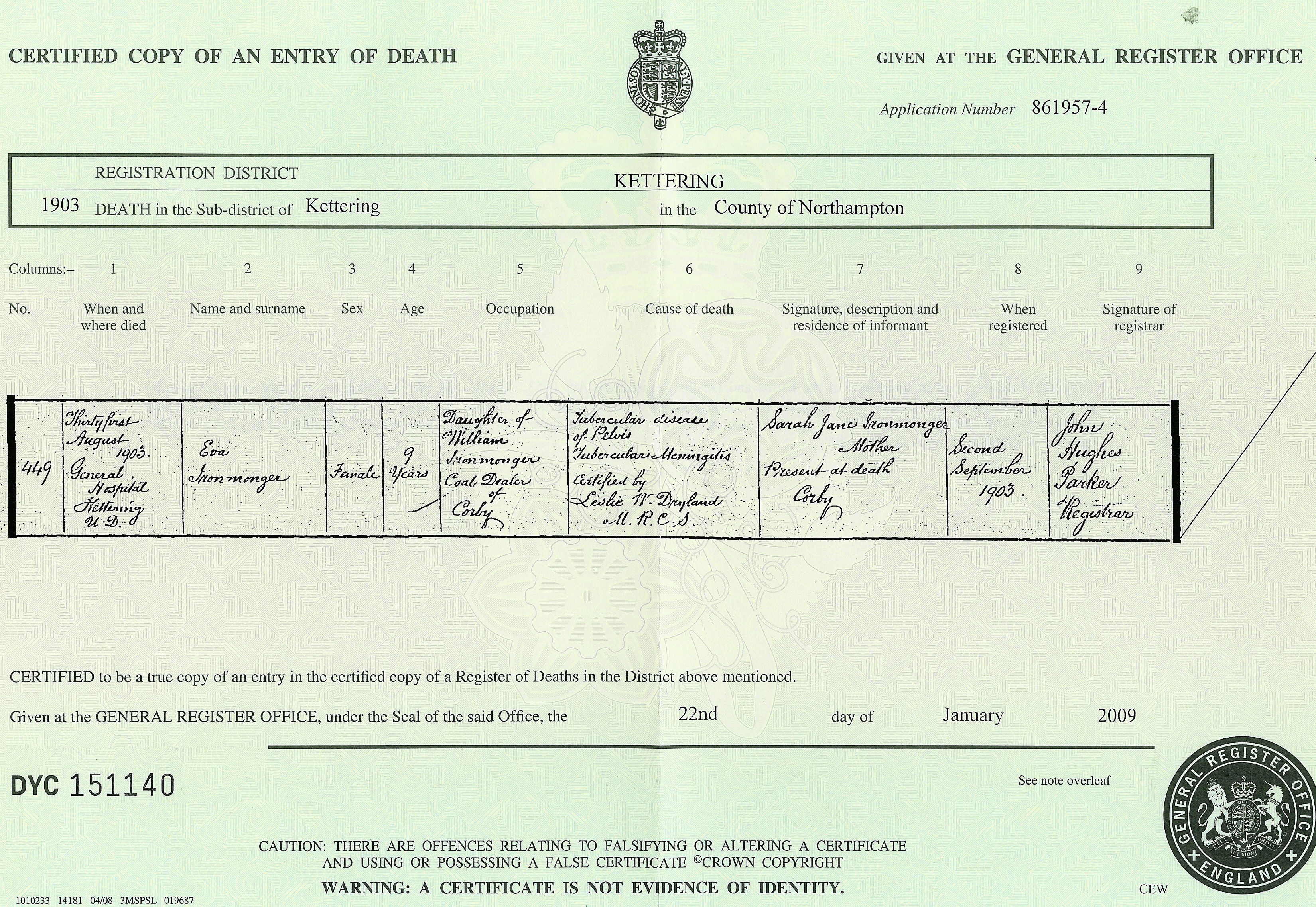 Eva Ironmonger Death Certificate 1903