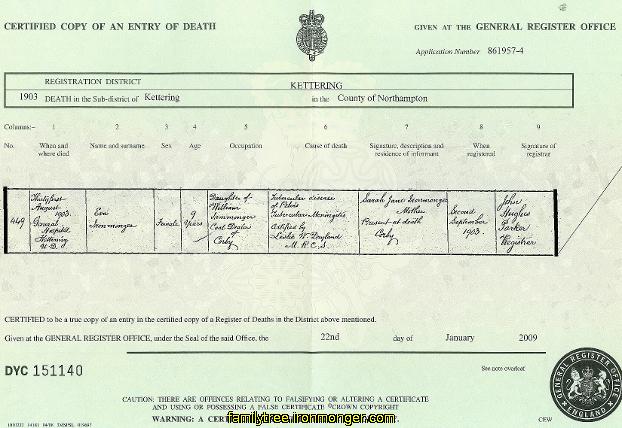 Eva Ironmonger Death Certificate 1903