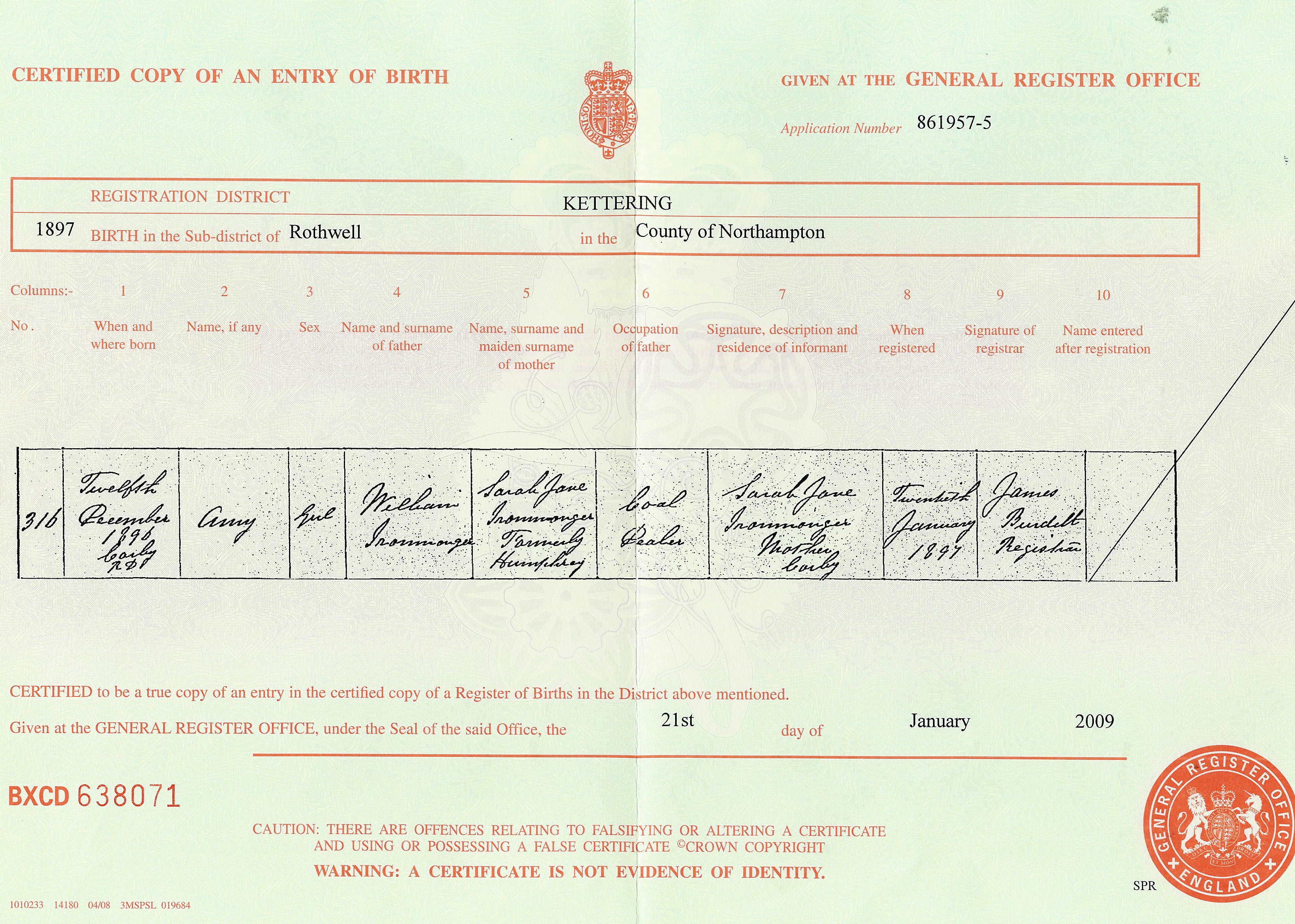 Amy Ironmonger Birth Certificate 1896