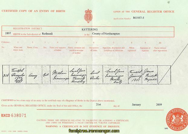 Amy Ironmonger Birth Certificate 1896