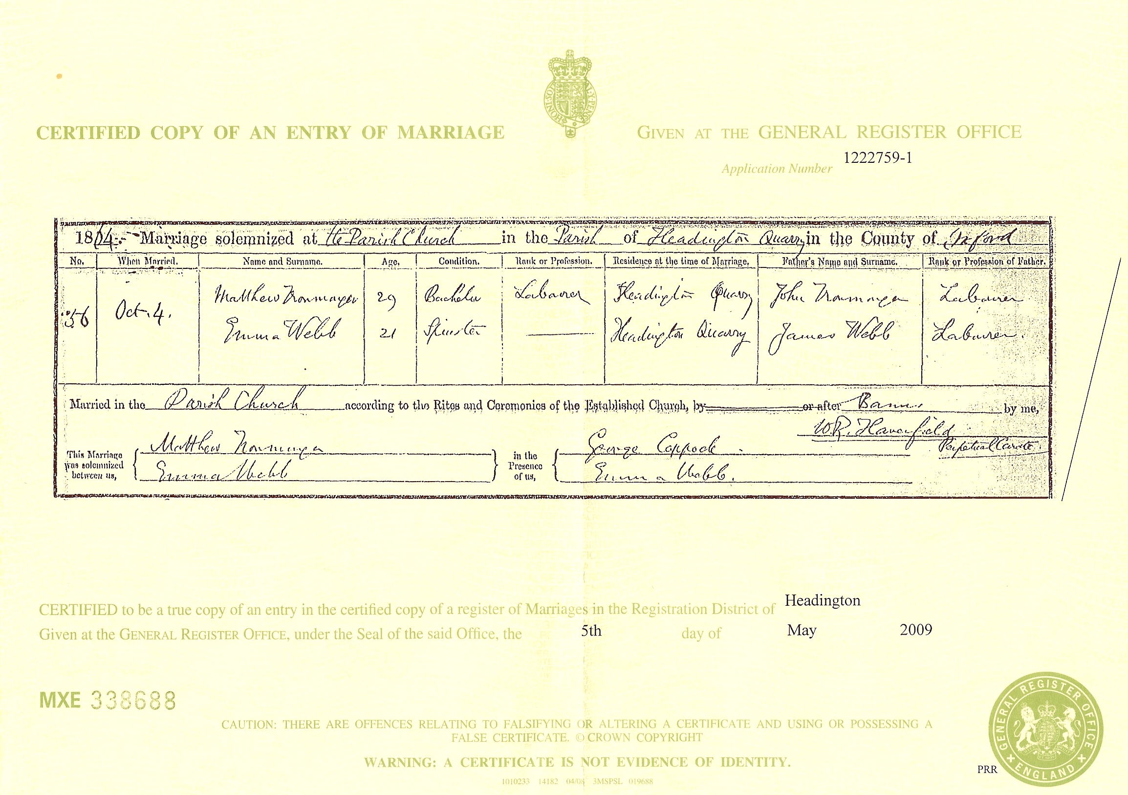 Mathew Ironmonger - Emma Web Marriage Certificate 1864
