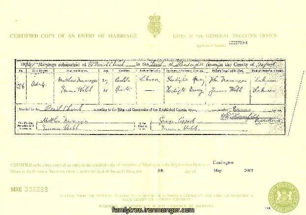 Mathew Ironmonger - Emma Web Marriage Certificate 1864
