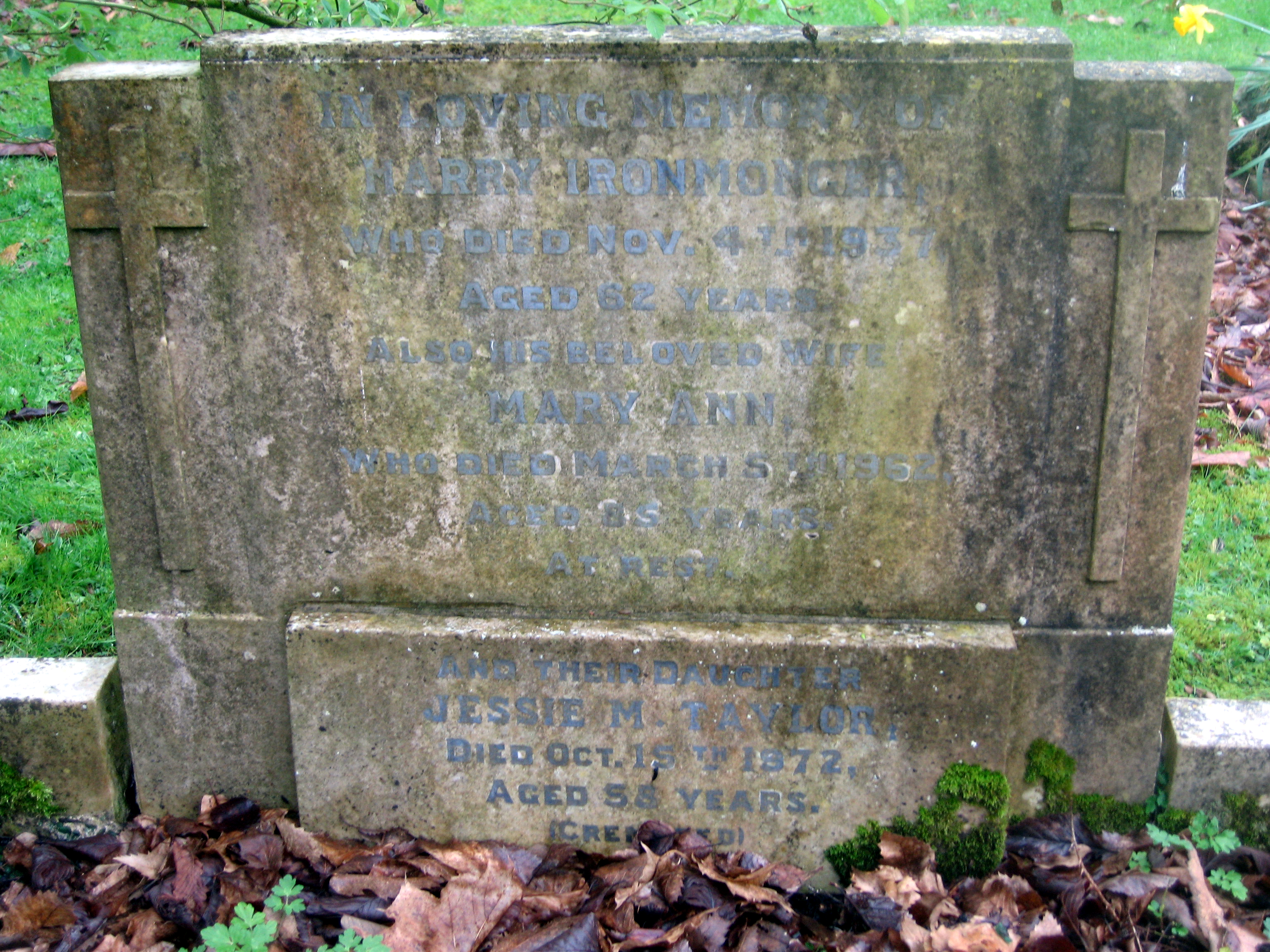 Harry Ironmonger, Mary Anne Ironmonger and Jessie M Taylor (Ironmonger) - Headstone at Corby Cemetery. UK