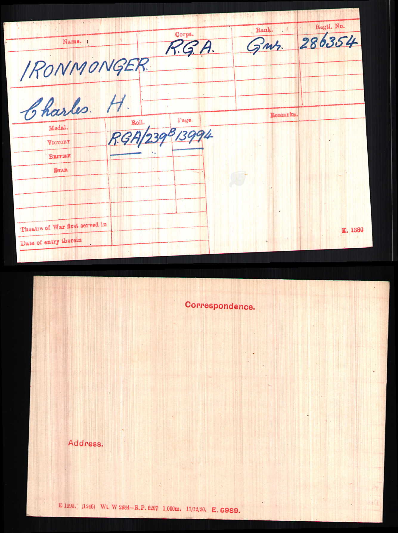 British Army WWI Medal Rolls Index Cards, 1914-1920 - Charles H Ironmonger