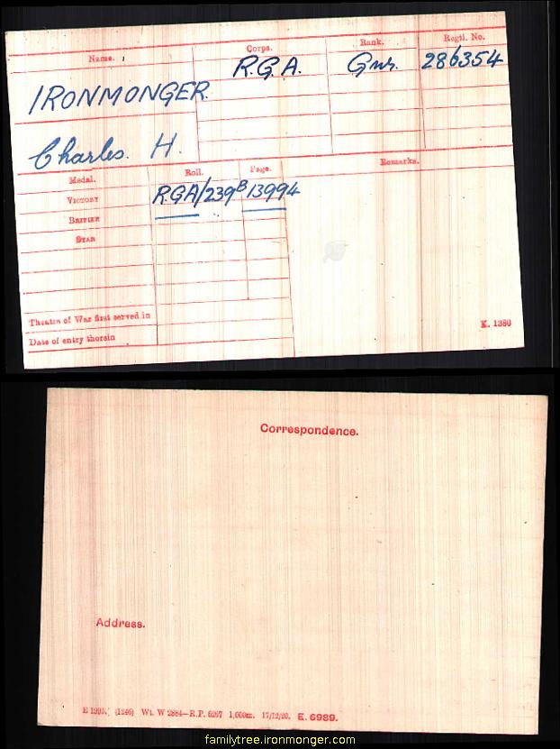 British Army WWI Medal Rolls Index Cards, 1914-1920 - Charles H Ironmonger