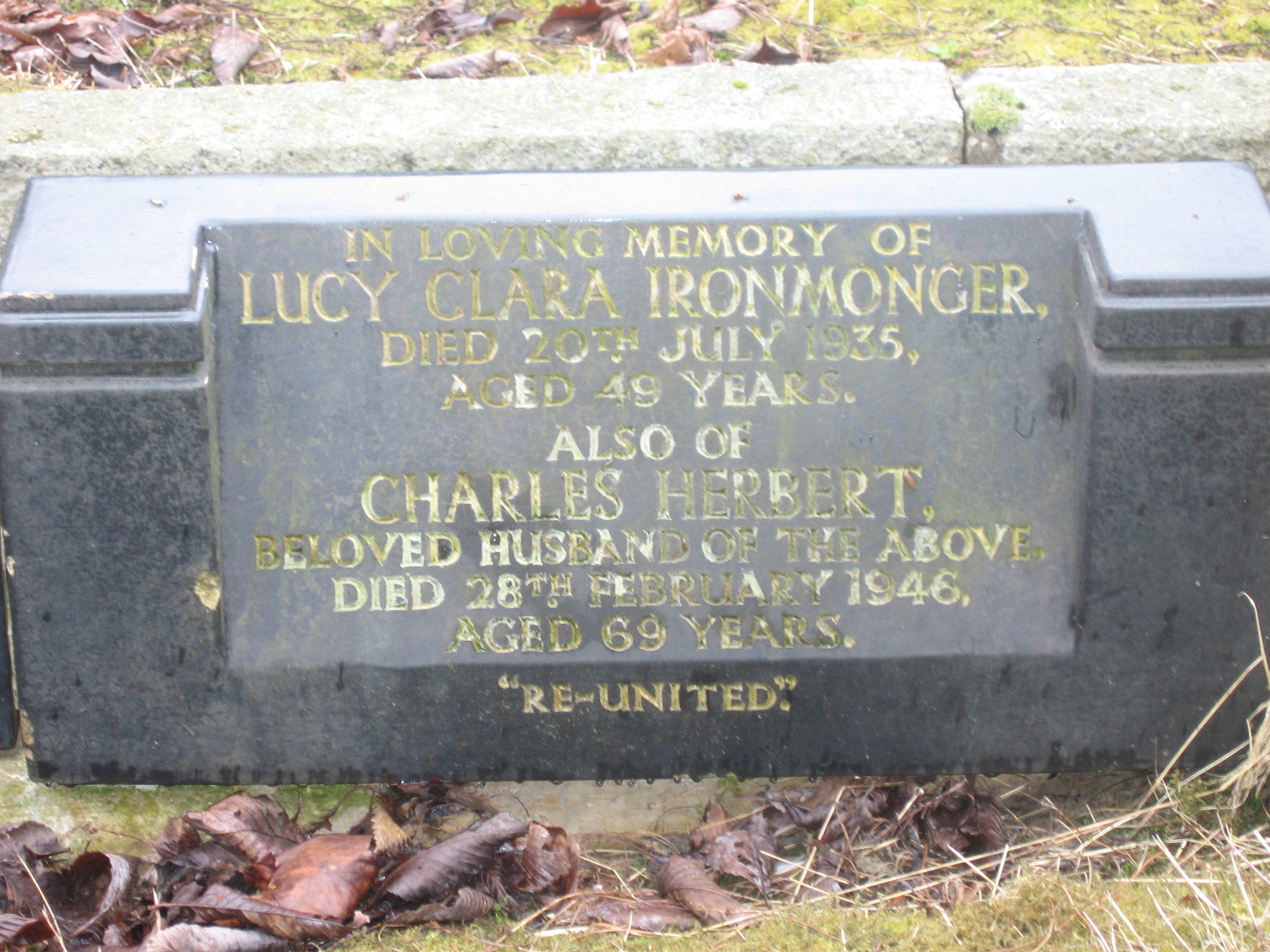 Charles Herbert Ironmonger and Lucy Clara. Headstone Corby Cemetery.