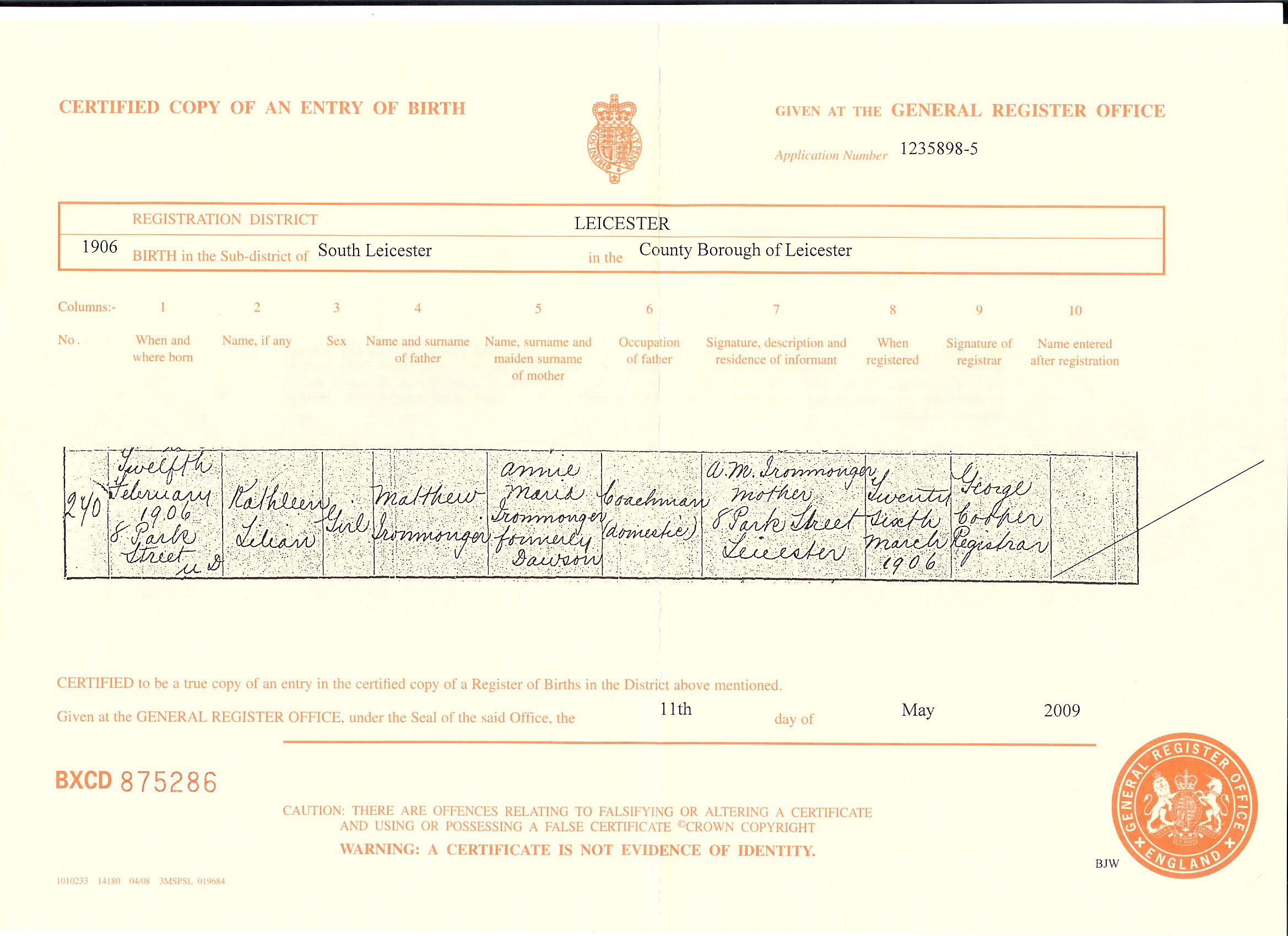 Kathleen Lilian Ironmonger Birth Certificate 12 February 1906