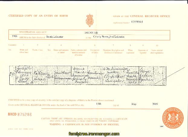 Kathleen Lilian Ironmonger Birth Certificate 12 February 1906