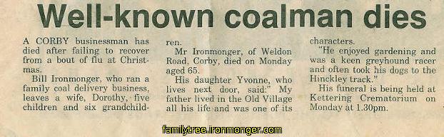 Newspaper Article on Death William Ironmomnger