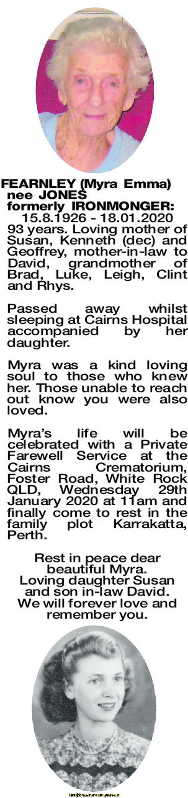 Myra Emma Fearnley Death Notice, West Australian January 2020
