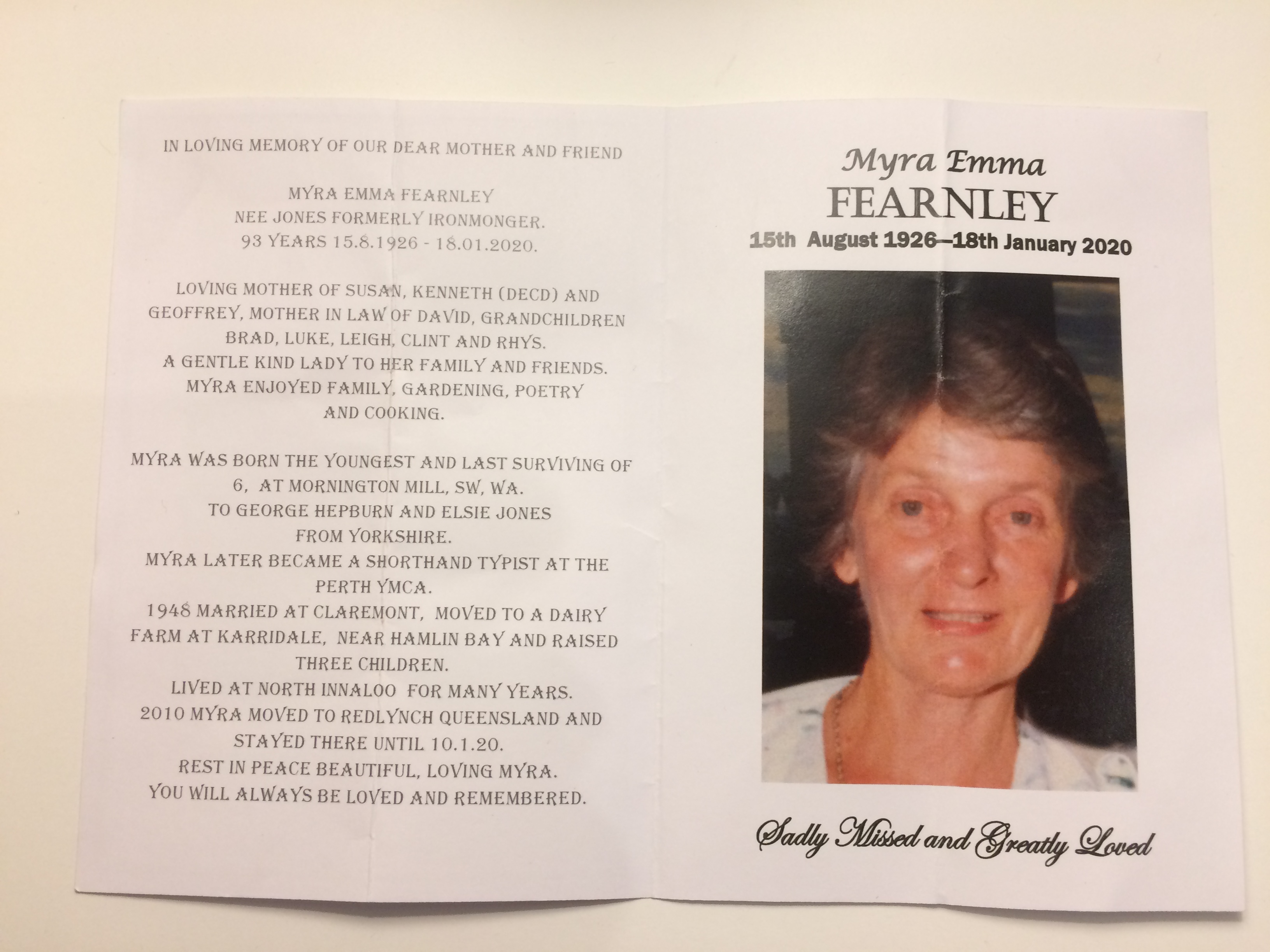 Myra Fearnley - Eulogy for funeral service January 2020