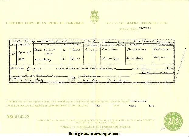 Charles Frederick Moore and Annie Bruxby Marriage Certificate 1886
