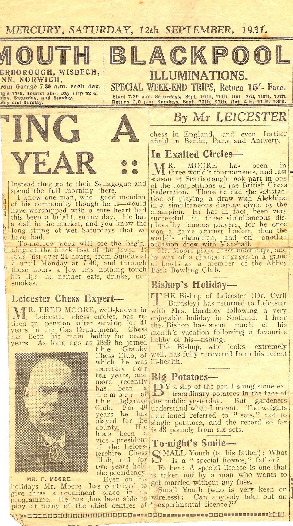 The Leicester Mercury, Saturday, 12 September 1931. Fred Moore - An avid chess player.