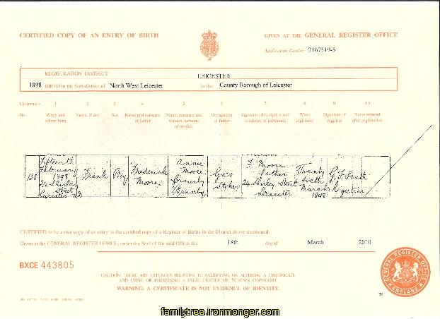 Frank Moore 1898 Birth Certificate