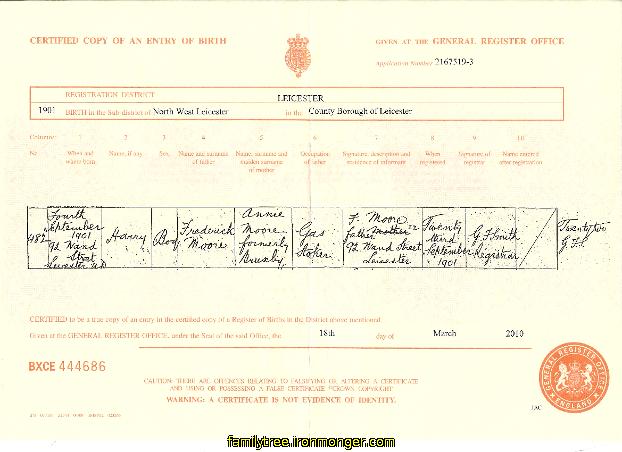 Harry Moore 1901 Birth Certificate