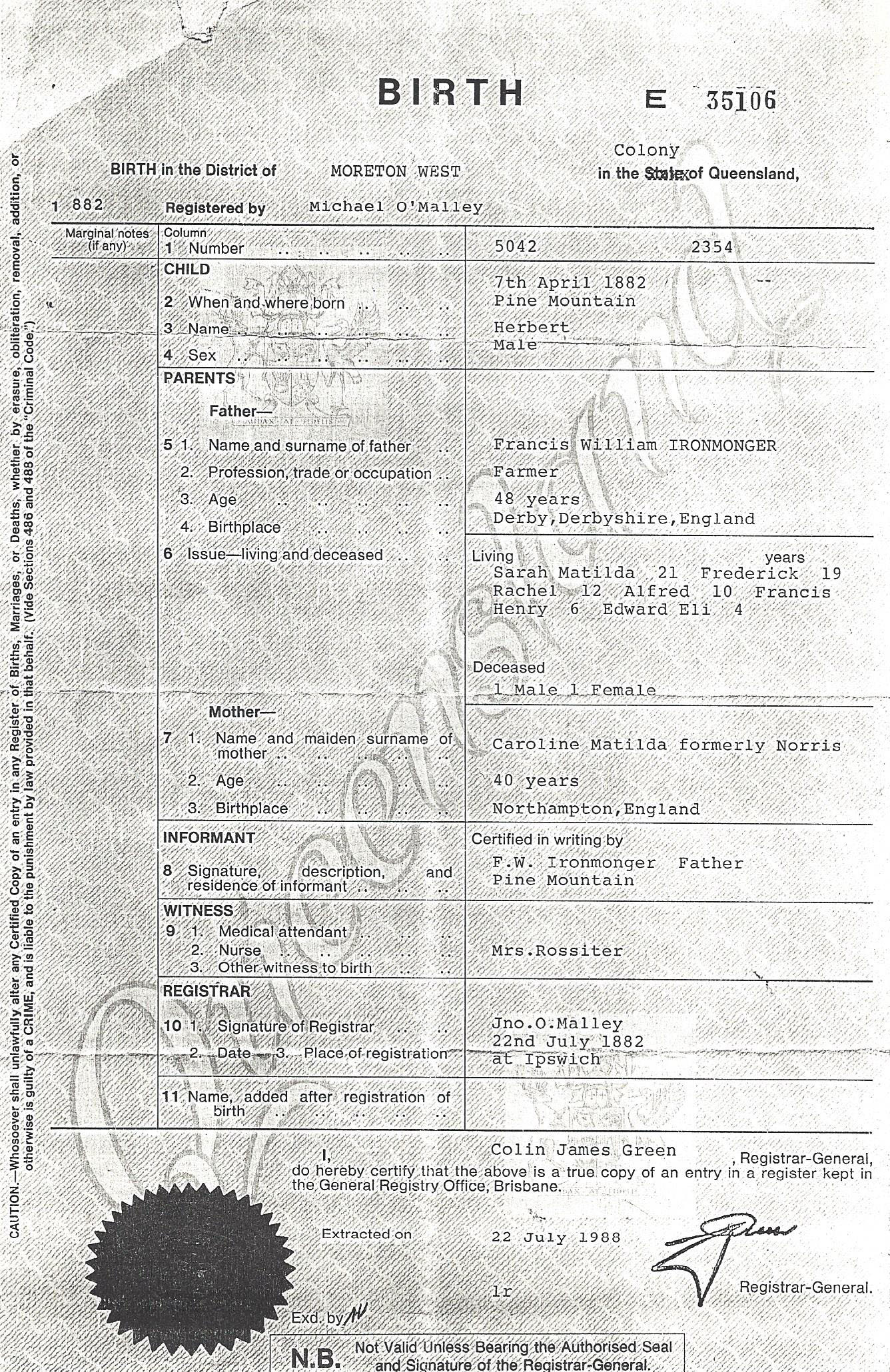 Herbert Ironmonger Birth Certificate