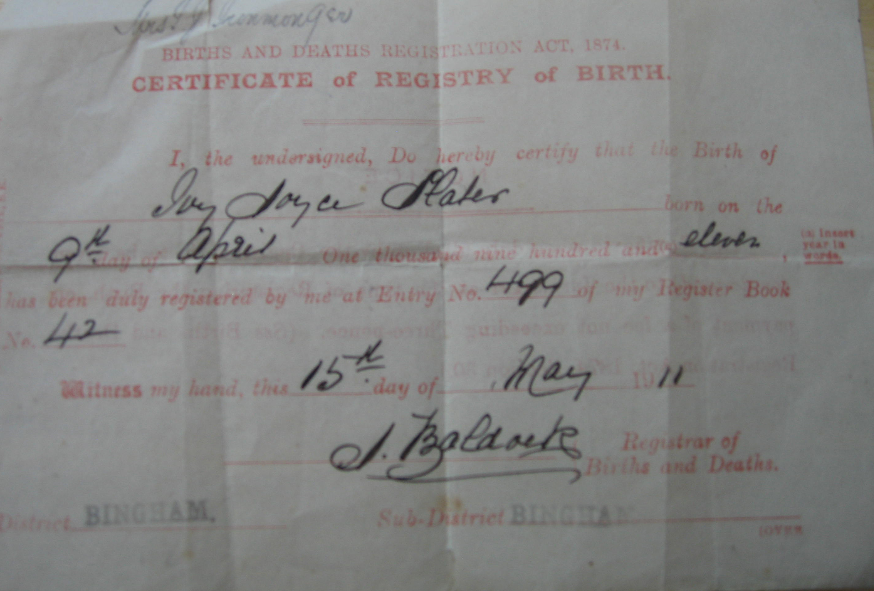 Birth Certificate for Ivy Joyce Slater